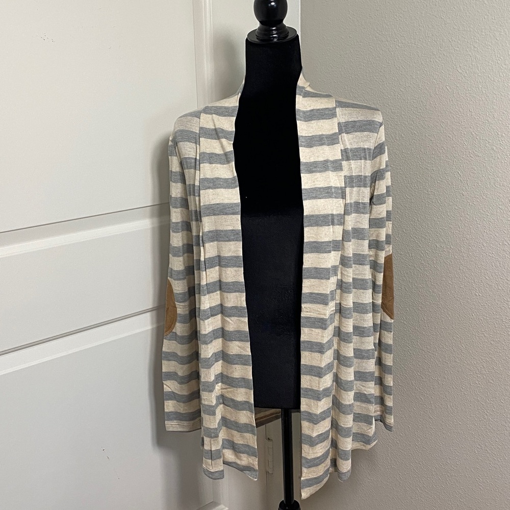 ALWAYS ME' Linen Blend Striped Small Blue Suede Patchwork Sleeve A-Line Cardigan
